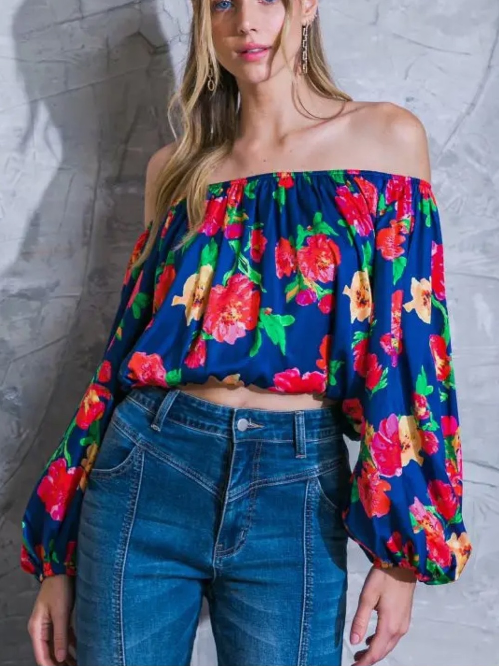 Flying Tomato Navy Off-Shoulder Floral Crop Top
